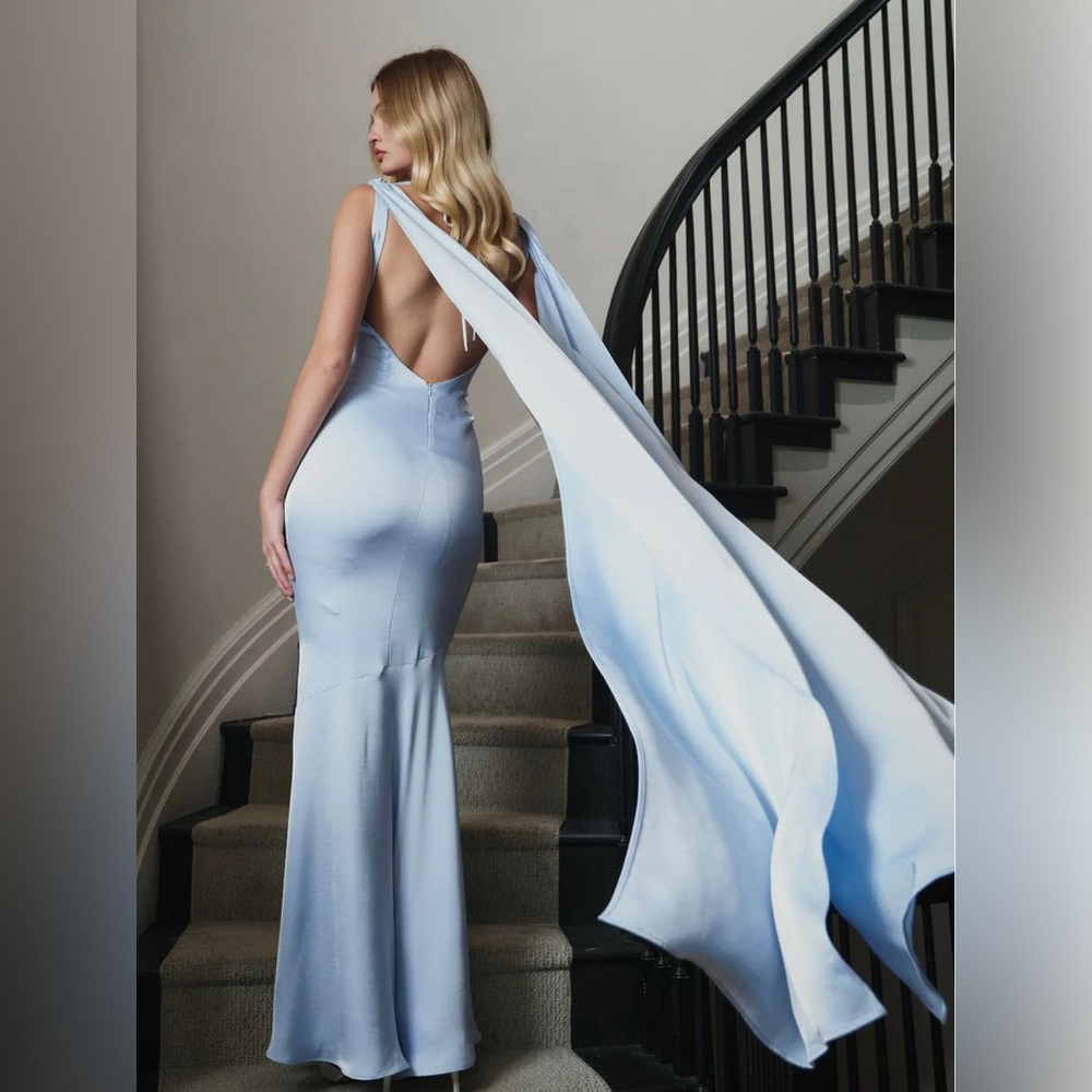 Eira Mist Blue Cowl Scarf-Detail Mermaid Maxi Dress
